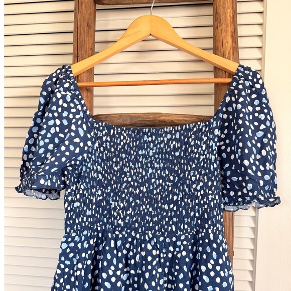 Roxy Navy Blue Puff Sleeve Smocked Bodice Mini Dress Print Size M NWT - Picture 3 of 4